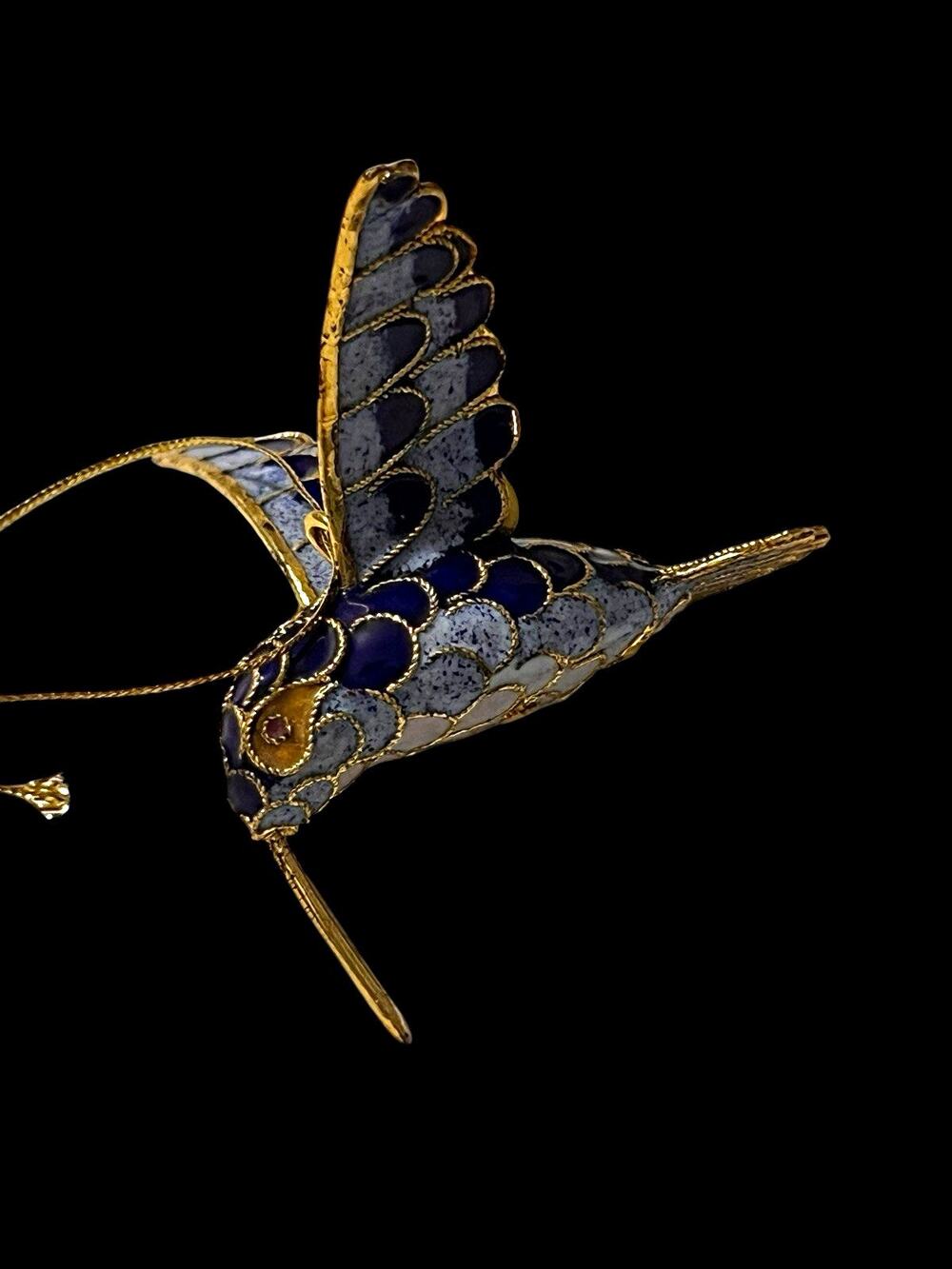 Blue Silver Gold Cloisonné Hummingbird Bird Hanging Ornament 1 Piece